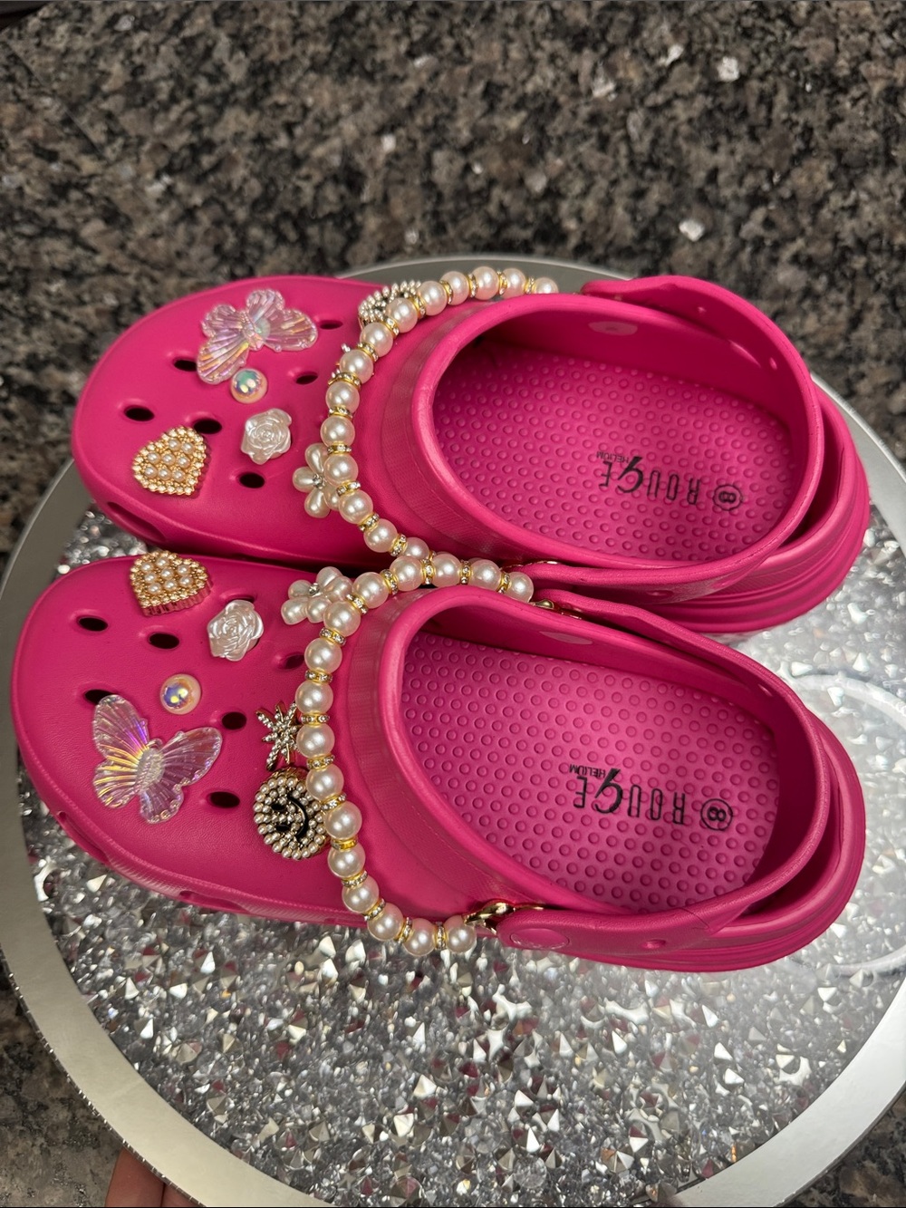 Rouge Helium Fuchsia Jeweled Pearl-Trim Clog Slides NWOT - Picture 3 of 10